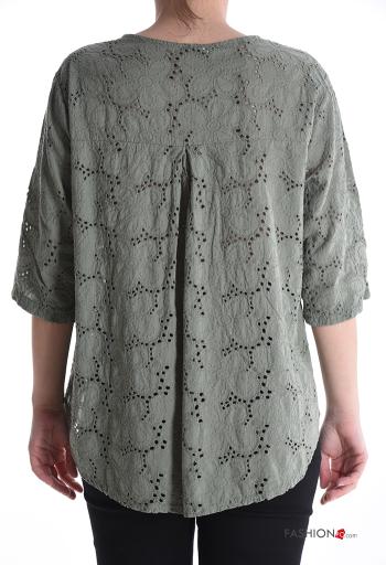 Blusa de Algodón Patrón bordado manga tres cuartos con botones bordado inglés - ph 2