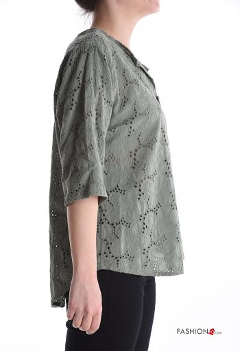 Blusa de Algodón Patrón bordado manga tres cuartos con botones bordado inglés - ph 3