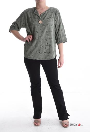 Blusa de Algodón Patrón bordado manga tres cuartos con botones bordado inglés - ph 5