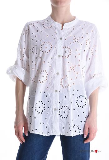 Camicia in Cotone maniche corte Fantasia ricamata con bottoni in pizzo sangallo