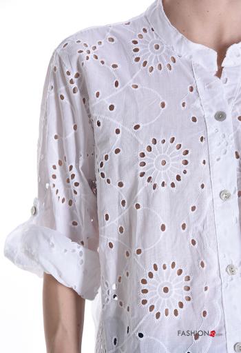 Camicia in Cotone maniche corte Fantasia ricamata con bottoni in pizzo sangallo - ph 4