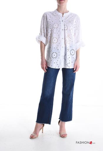 Camicia in Cotone maniche corte Fantasia ricamata con bottoni in pizzo sangallo - ph 5