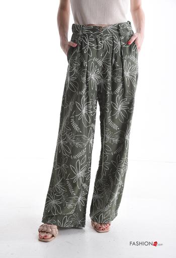 Pantalones wide leg Patrón bordado con bolsillos con cremallera con botones
