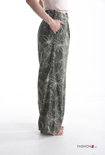 Pantalones wide leg Patrón bordado con bolsillos con cremallera con botones - ph 3