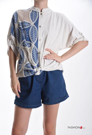 Camicia in Lino Fantasia ricamata con bottoni maniche a tre quarti