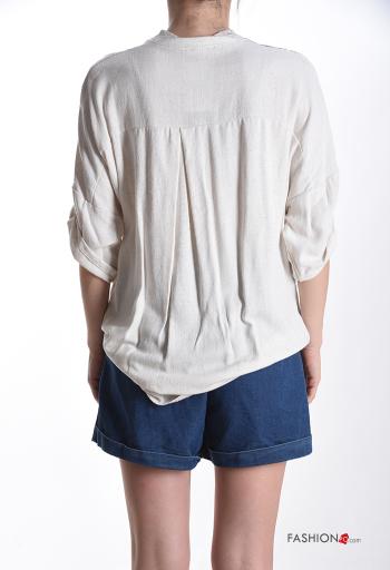 Camicia in Lino Fantasia ricamata con bottoni maniche a tre quarti - ph 2