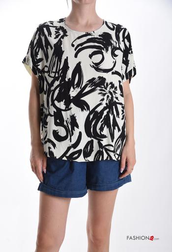 Blouse manches courtes col rond Imprimé abstrait à boutons - ph 1