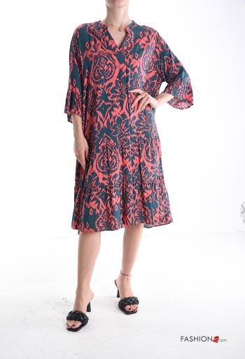 Bedrucktes Kleid mit Volants 3/4 ärmel mit Knöpfen