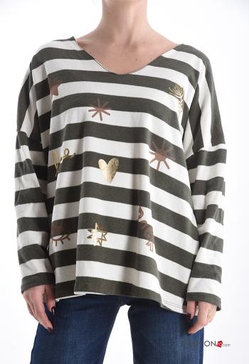 Striped Cotton Long sleeved top with v-neck