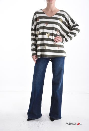 Striped Cotton Long sleeved top with v-neck - ph 5