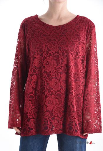Embroidered long sleeve crew neck lace trim Blouse with lining