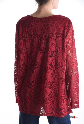 Embroidered long sleeve crew neck lace trim Blouse with lining - ph 2