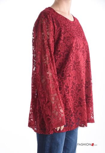 Embroidered long sleeve crew neck lace trim Blouse with lining - ph 3