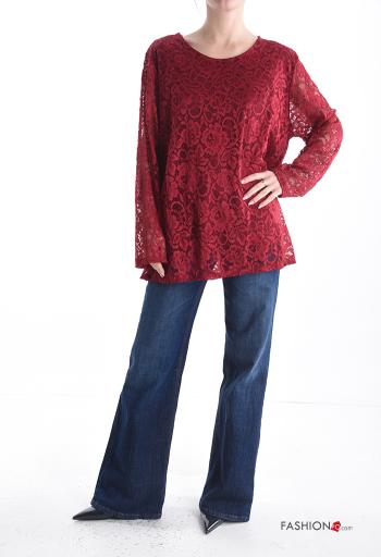 Embroidered long sleeve crew neck lace trim Blouse with lining - ph 5