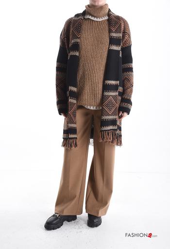 Geometric pattern long sleeve Coat with fringe