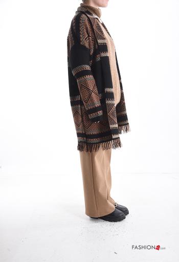 Geometric pattern long sleeve Coat with fringe - ph 3