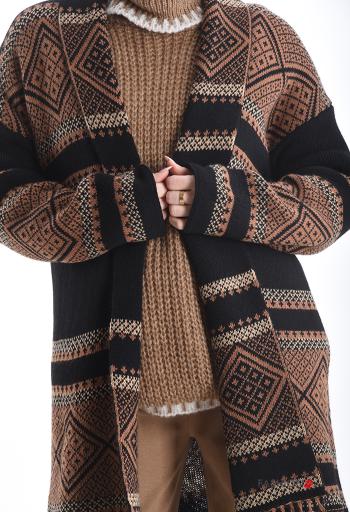 Geometric pattern long sleeve Coat with fringe - ph 4