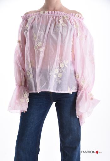 Blusa manga comprida Padrão bordado com elástico decote ombro a ombro