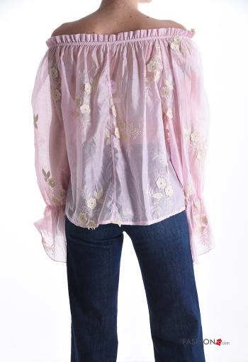 Blouse manches longues à broderie avec élastique décolleté bardot - ph 2