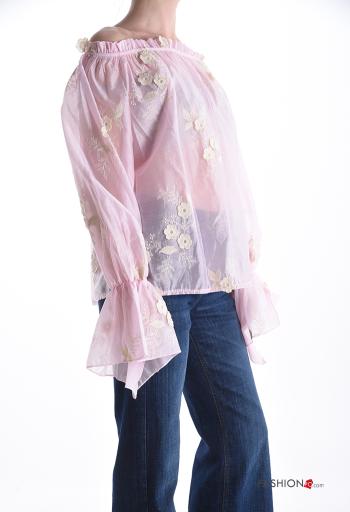 Blouse manches longues à broderie avec élastique décolleté bardot - ph 3