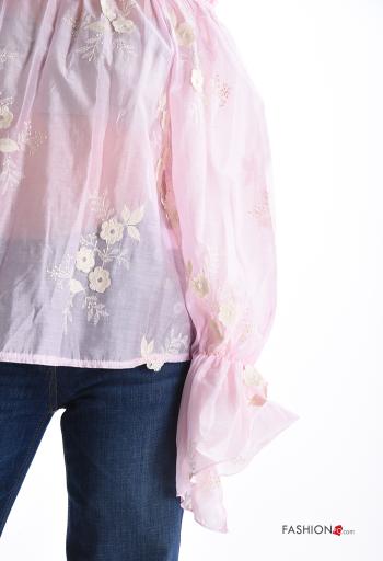 Blouse manches longues à broderie avec élastique décolleté bardot - ph 4