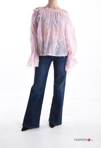 Blouse manches longues à broderie avec élastique décolleté bardot - ph 5