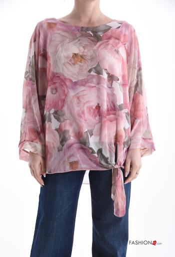 Blusa chiffon maniche lunghe girocollo Fantasia floreale con fodera con nodo - ph 1