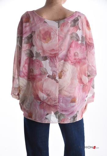 Blusa chiffon maniche lunghe girocollo Fantasia floreale con fodera con nodo - ph 2