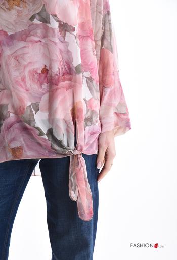 Blusa chiffon maniche lunghe girocollo Fantasia floreale con fodera con nodo - ph 4
