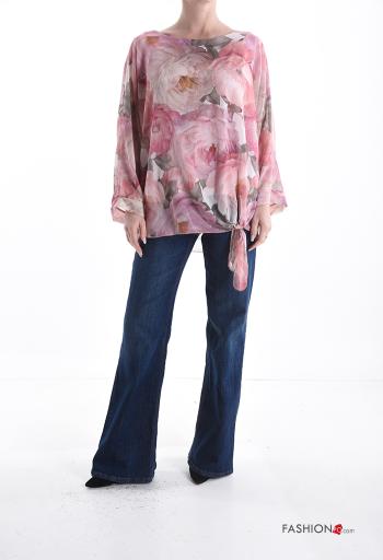 Blusa chiffon maniche lunghe girocollo Fantasia floreale con fodera con nodo - ph 5