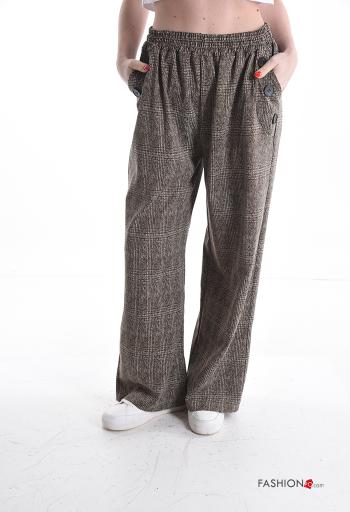 Tartan wide leg Trousers with buttons with elastic with pockets