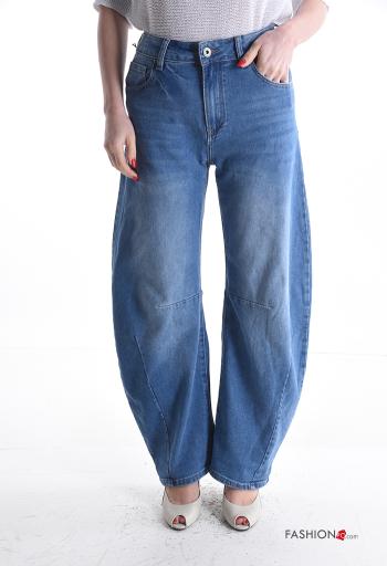 denim wide leg Cotton Jeans with buttons with zip with pockets - ph 1