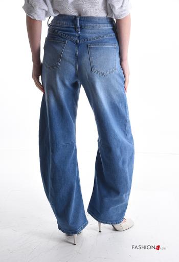 denim wide leg Cotton Jeans with buttons with zip with pockets - ph 2