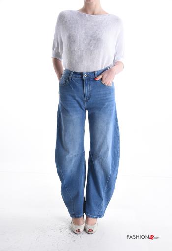 denim wide leg Cotton Jeans with buttons with zip with pockets - ph 5