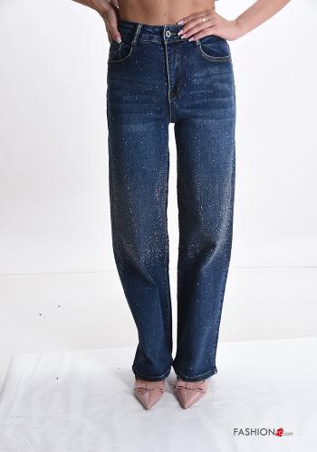 Jeans in Cotone con bottoni con strass con zip con tasche