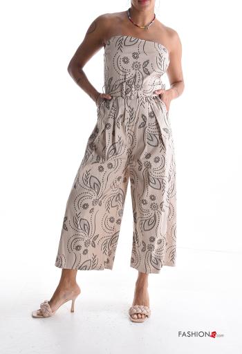 Mono de Algodón wide leg sin mangas espalda descubierta Patrón bordado con cinturón con bolsillos