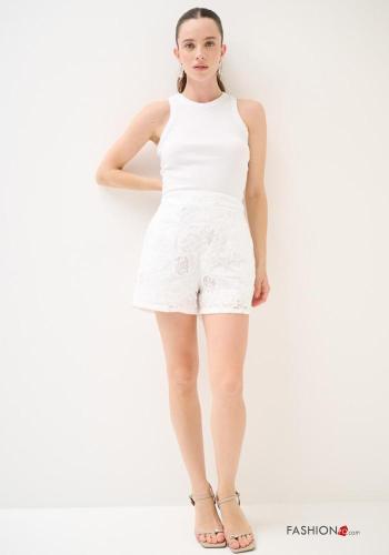 Embroidered lace trim high waist Cotton Shorts with pockets with zip