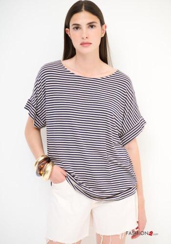 Striped short sleeve crew neck Linen Blouse with bow