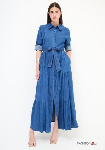 with collar Cotton Shirt dress with flounces with fabric belt with buttons