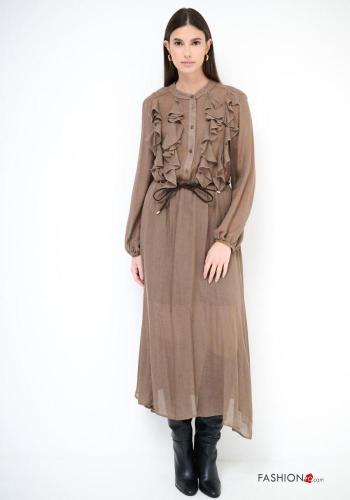 long sleeve crew neck Wool Mix Dress with belt with buttons with flounces