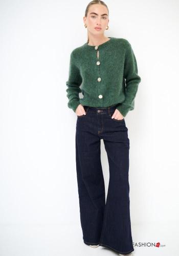 denim flared Cotton Jeans with buttons with zip with pockets