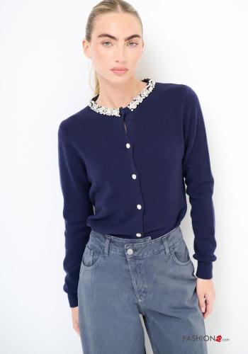 long sleeve crew neck Cardigan with buttons with rhinestones