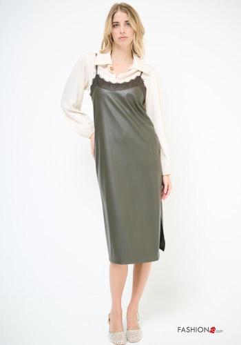 faux leather sleeveless lace trim Dress with split - ph 1