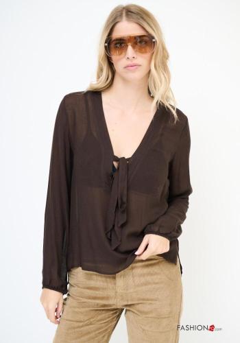 long sleeve Wool Mix Blouse with bow with v-neck