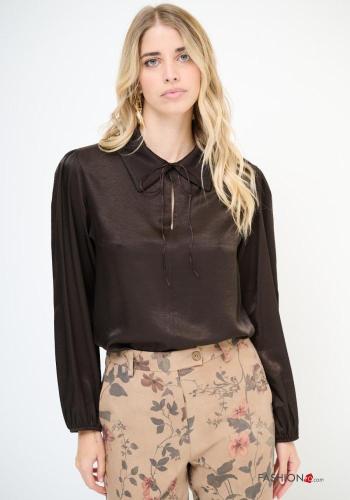 Blouse manches longues satin à collet avec noeud - ph 1