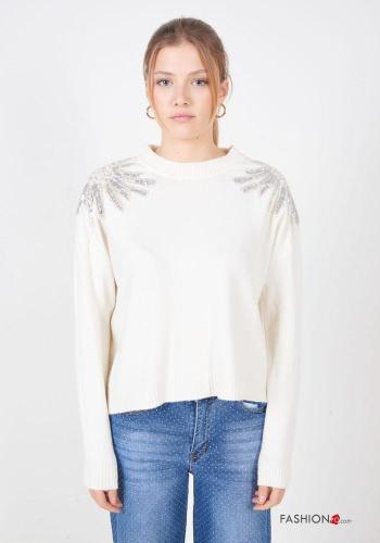 long sleeve crew neck Sweater with rhinestones