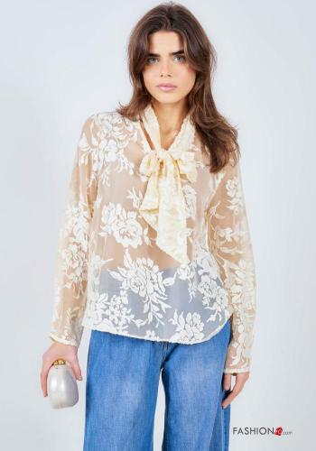 Blusa maniche lunghe Fantasia ricamata con fiocco