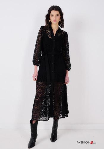 Abito in Cotone con colletto pizzo maniche lunghe Fantasia ricamata con bottoni con cintura in stoffa - ph 1