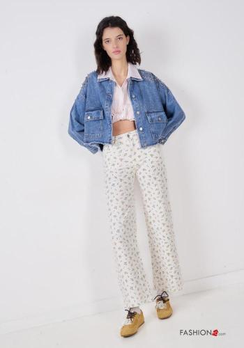 Jeans in Cotone Fantasia floreale con tasche con bottoni con zip