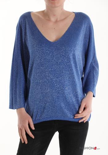 Lurex Strickpullover mit V-Ausschnitt 3/4 ärmel